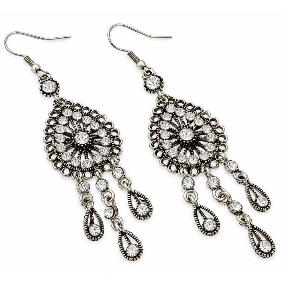 Rhinestone Chandelier Dangle Earrings Silver Tone Vintage Style Boho Glam